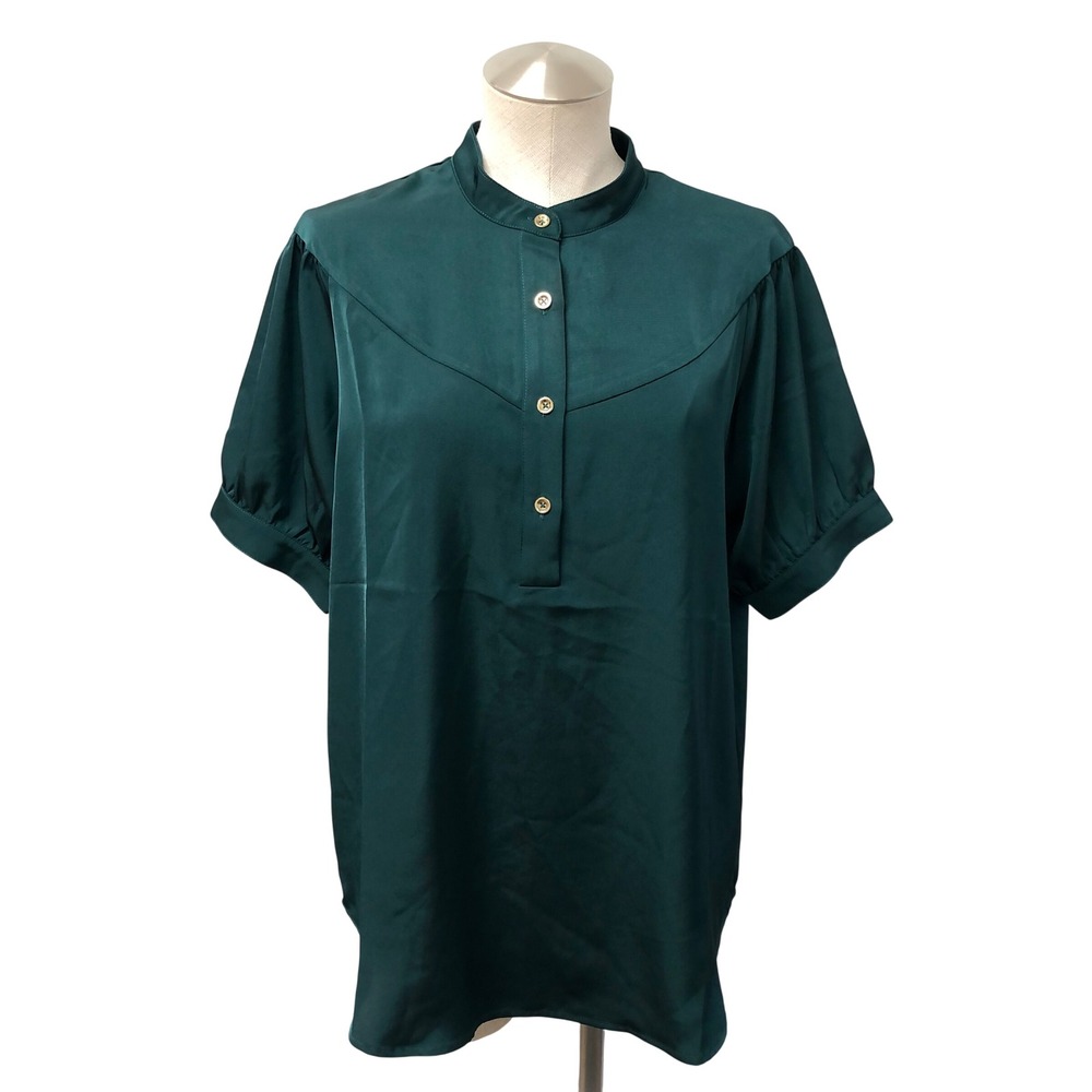 SSYS The Label Blouse Womens Large Green Satin Puff Sleeve Button Front